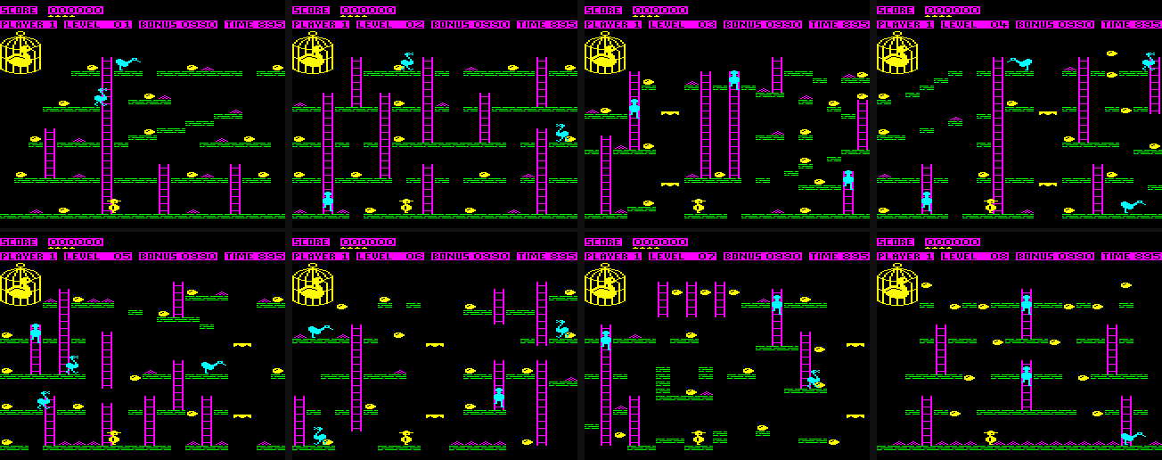 The eight level layouts side by side, each with green platforms, magenta ladders, yellow eggs, cyan birds, and the caged big bird top left; four of them have lift platforms.