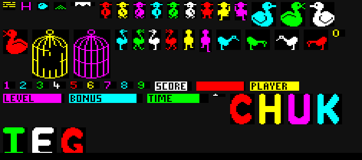All 54 sprites from the disc: platform, ladder, egg, grain, lift, the player's walking and climbing frames, a large bird, a cage open and closed, small birds walking and pecking, digits 0 to 9, status labels and large title letters.